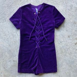 Vintage Deep Purple Velour Lace Up Romper